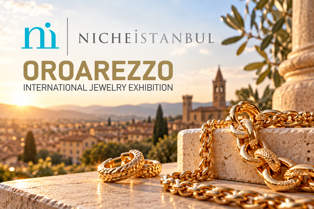 Oroarezzo and Niche Istanbul logos over an illustration of gold jewelry and the Tuscan landscape