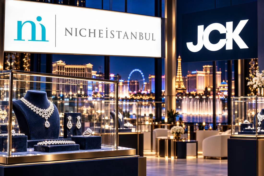 JCK and Niche Istanbul logos over an illustration of a Las Vegas jewelry exhibition