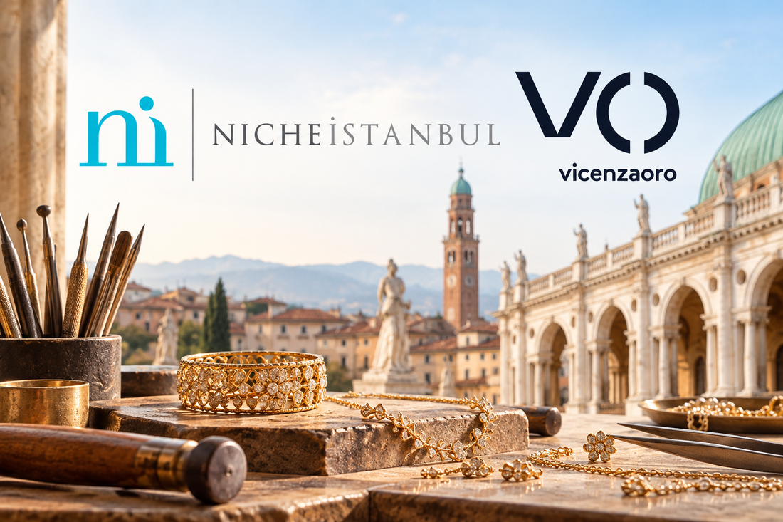 Vicenzaoro and Niche Istanbul logos over an illustration of gold jewelry and Vicenza architecture